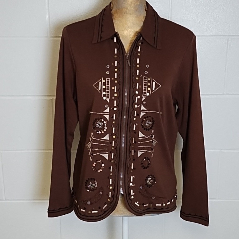 Ann Trinity Brown Black Cream Beaded Embroidered Jersey Knit Zip Jacket
